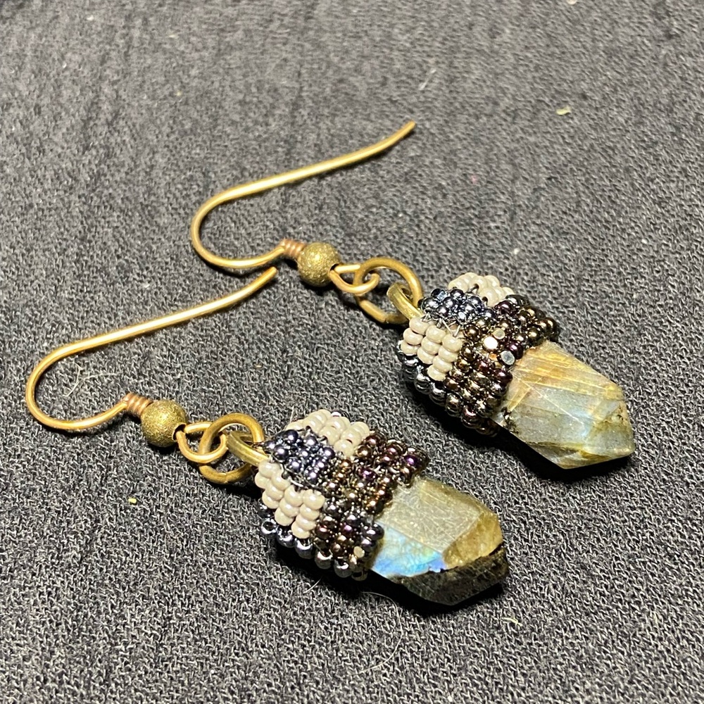 Neutral Tones Beaded Labradorite Crystal Earrings